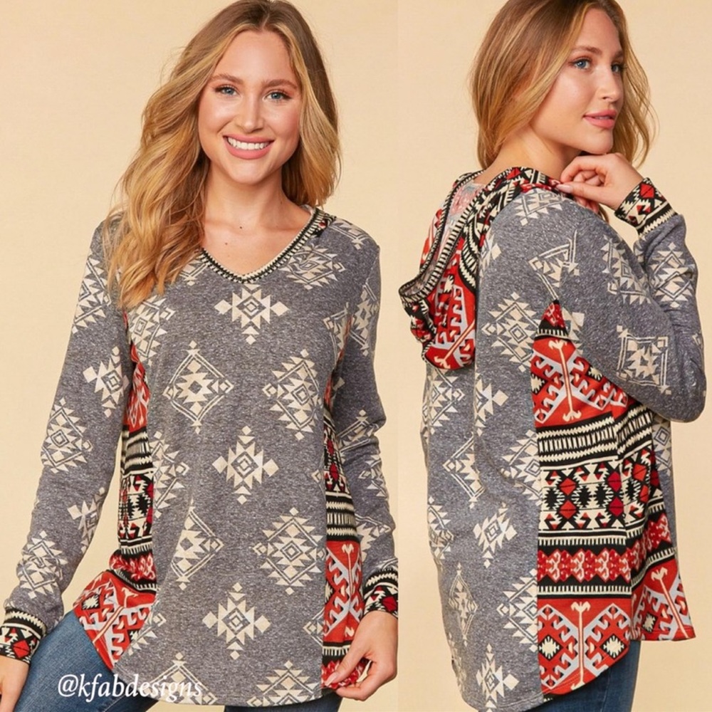 B45W❤️🤎Stunning gray+red Aztec v- neck top w/hood perfect4 desk2date! obsessed!